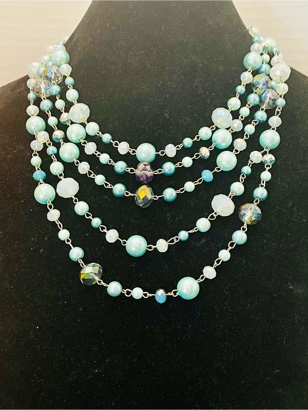 Multi Strand Aqua Blue Faux Pearl and Iridescent Crystal Necklace. 24 inches